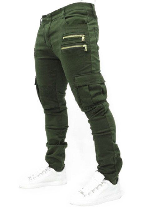 Rib Design Zipper Embellished Pocket Zipper Fly Narrow Feet Men's Pants - Vert Armée 3XL