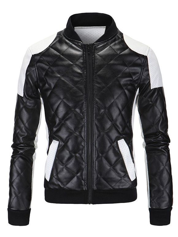 Color Block Spliced ​​Argyle Plus Size stand Collar manches longues hommes d  'PU-Leather Jacket - Noir 5XL