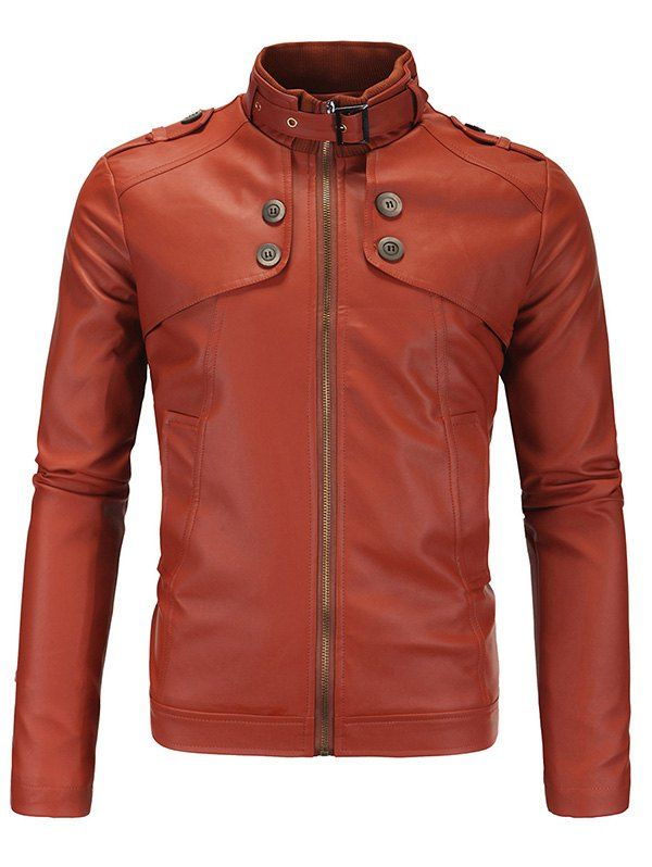 

Buttons Design Plus Size Stand Collar Long Sleeve Men's PU-Leather Jacket, Brown