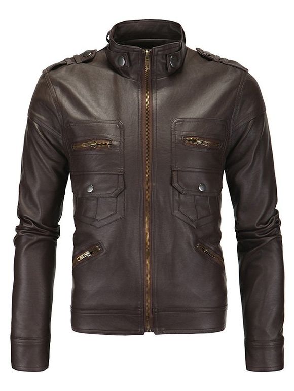Zipper poches Epaulet design pied de col à manches longues Hommes d  'PU-Leather Jacket - café L
