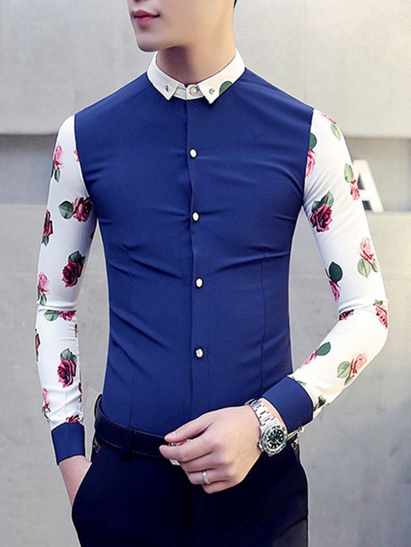 

3D Rose Print Button-Down Turn-Down Collar Long Sleeve Men's Shirt, Deep blue
