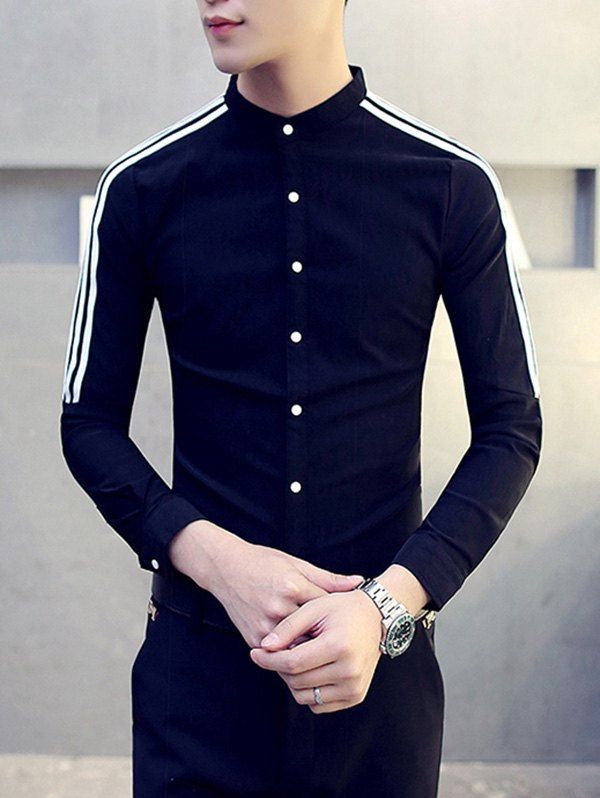 

Selvedge Embellished Plus Size Stand Collar Long Sleeve Men's Shirt, Black