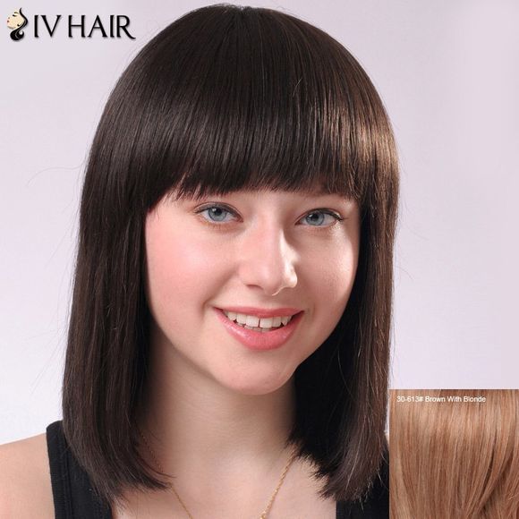 Siv Perruque de Cheveux Humain Mi-Longue Droite Pleine Frange Adorable Pour Femme - Brun Avec Blonde 