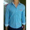 PU Leather One Pocket Spliced Hit Color Shirt Collar Long Sleeves Men's Checked Shirt - Bleu 2XL