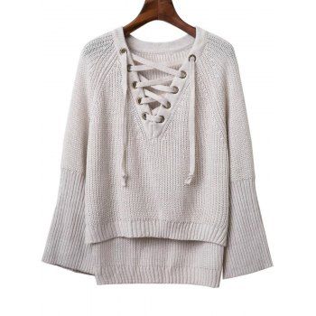 

Fashion V Neck Long Sleeve Lace Up Sweater For Women, Light gray