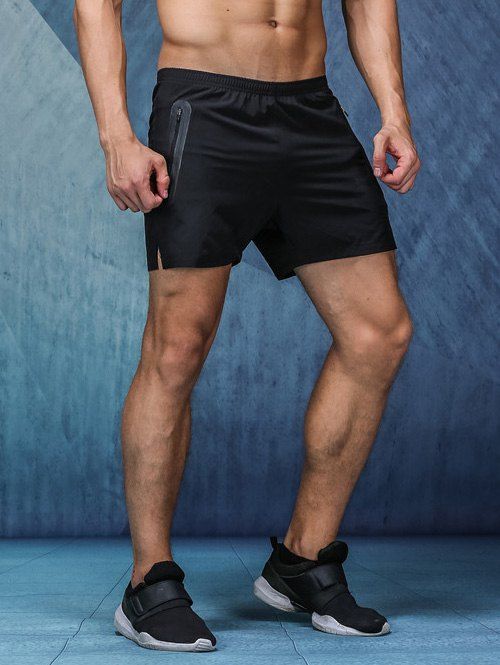 Shorts Pockets Zipper design-Dry rapide taille élastique Jambe droite Hommes  's - Noir XL