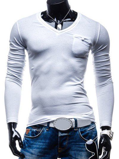Sleeve Brief Pure Color Pocket Conception longue Tee pour les hommes - Blanc 2XL
