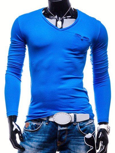 

Brief Pure Color Pocket Design Long Sleeve Tee For Men, Blue