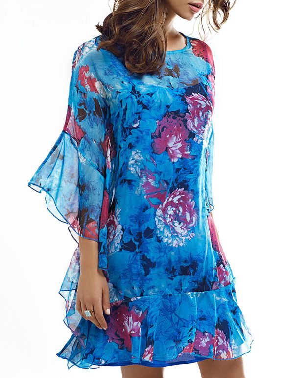 Elegant Floral Print Dolman Sleeve Ruffle Layered Dress - Bleu XL
