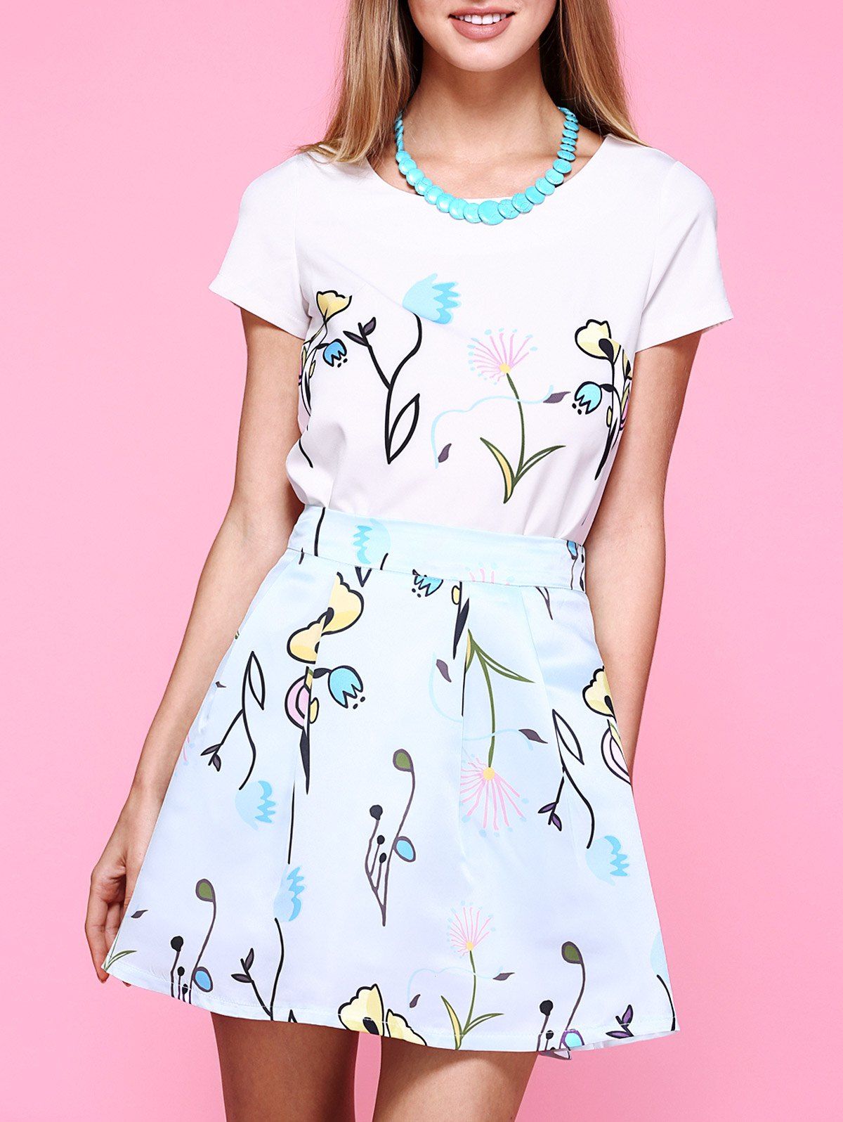 

Endearing Floral White Top and A-Line Skirt Set For Women, Blue and white