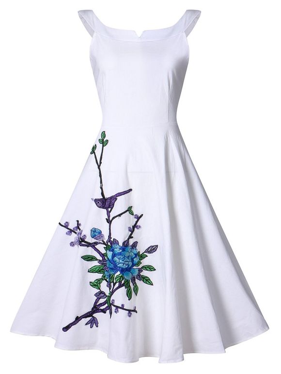 Vintage Flower Embroidery Robe trapèze - Blanc 4XL