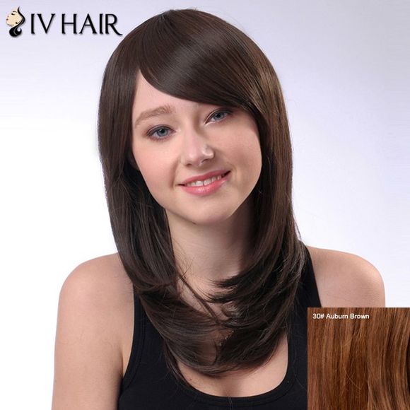 Siv Perruque de Cheveux Humains Capless Longue Queue Adduction Frange Latérale Adorable Pour Femme - Brun Auburn 