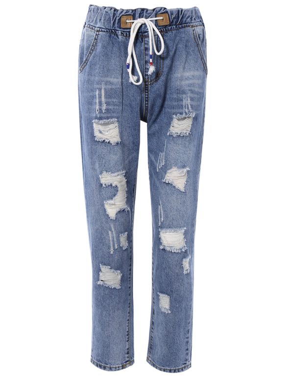 Chic Drawstring brisé Trou conception de poche femmes s 'Jeans - Bleu Toile de Jean M