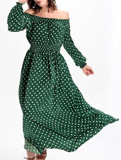 

Off The Shoulder High Waist Polka Dot Dress, Green