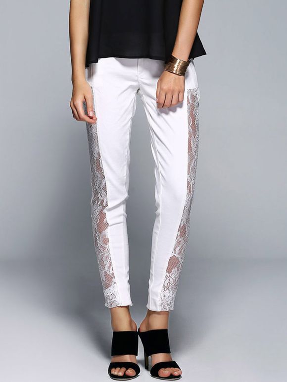 Élégant See-Through Pantalon en dentelle perlée Denim pour les femmes - Blanc S