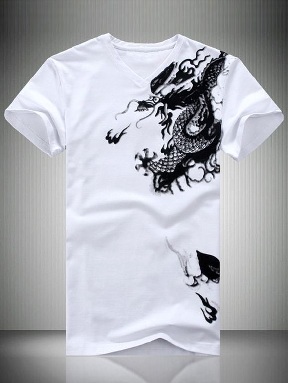 Rhinestone Dragon Totem Print Short Sleeve V-Neck Men's T-Shirt - Blanc 4XL