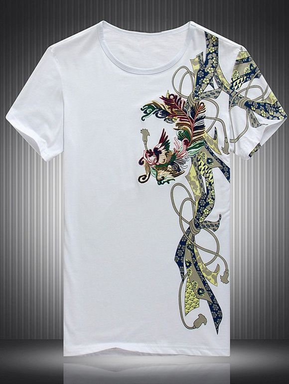Embroidered Printed Round Neck Short Sleeve Men's T-Shirt - Blanc 4XL