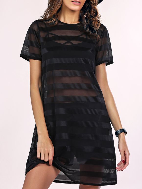Street Style See-Through Striped Dress Mesh pour les femmes - Noir 2XL