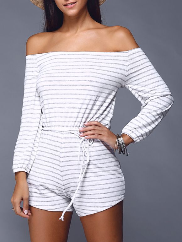 Off The Shoulder Striped Romper - Rayure S