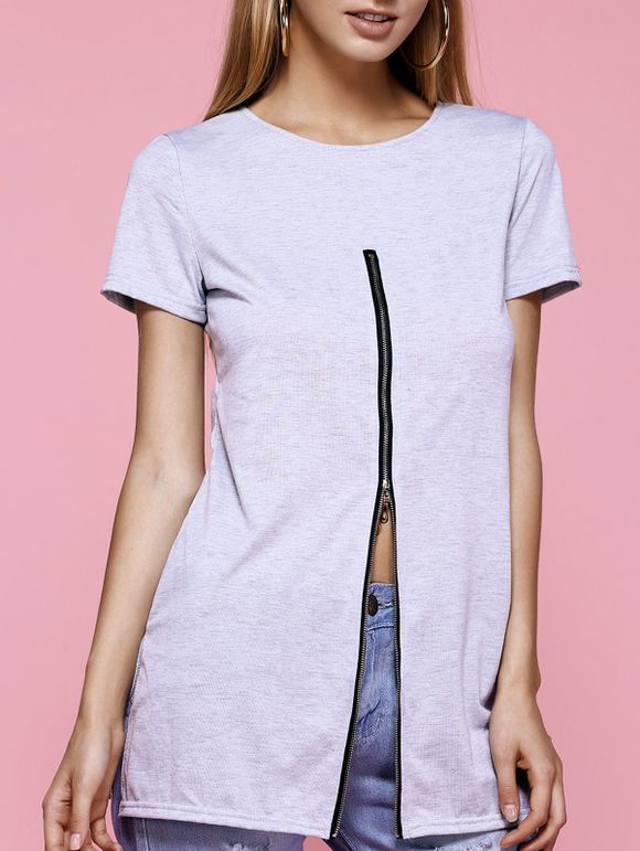 T-shirt col rond Chic Zipper design Furcal femmes  's - Gris Clair S