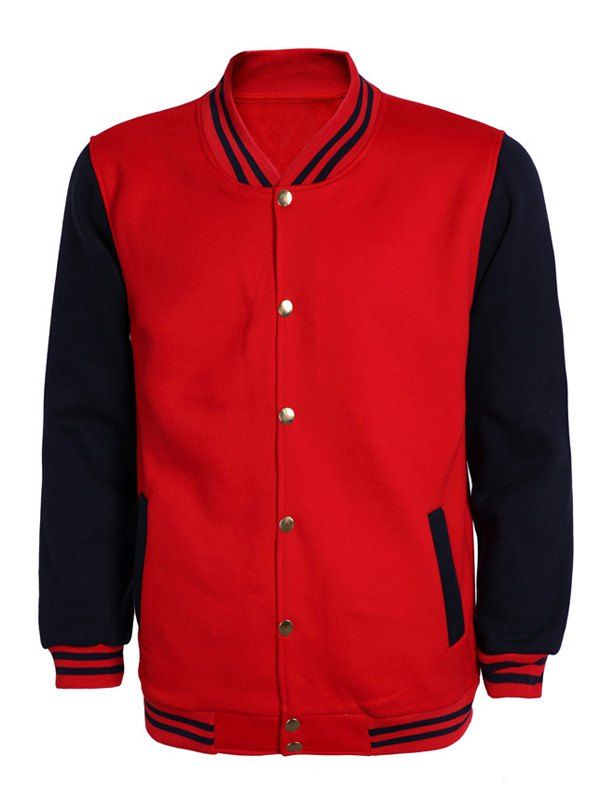 

Color Block Stripe Rib Splicing Stand Collar Long Sleeve Men's Jacket, Blue and red