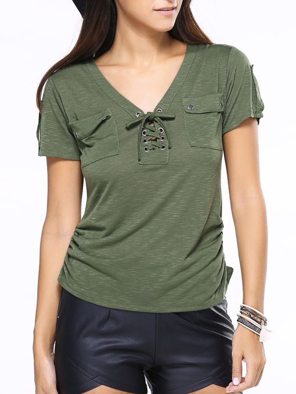 V-Neck Lace-Up manches courtes T-shirt - Vert XL