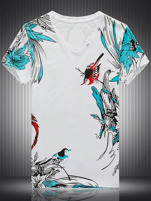 T-shirt floral imprimé oiseaux V-cou à manches courtes  's - Blanc XL