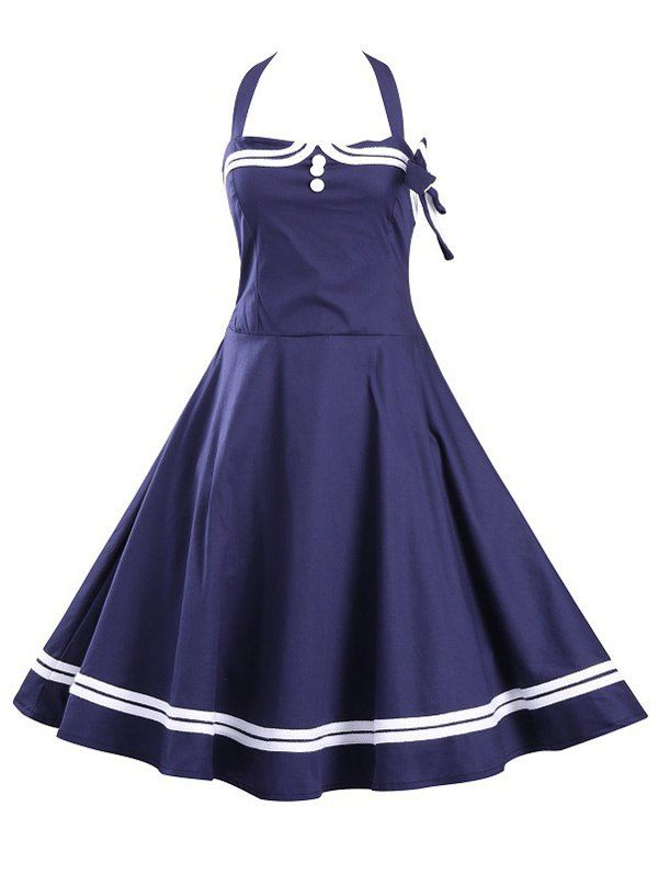 

Halter Striped Smocked Midi Dress, Navy blue