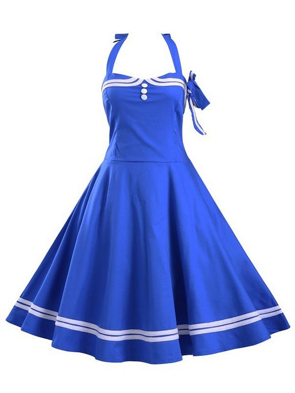 Halter Striped smocks Midi Dress - Bleu XL