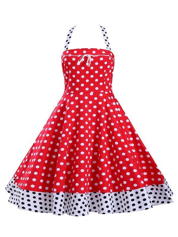 [41% OFF] 2021 Halter Polka Dot Lace-Up Tea Length A Line Dress In RED ...