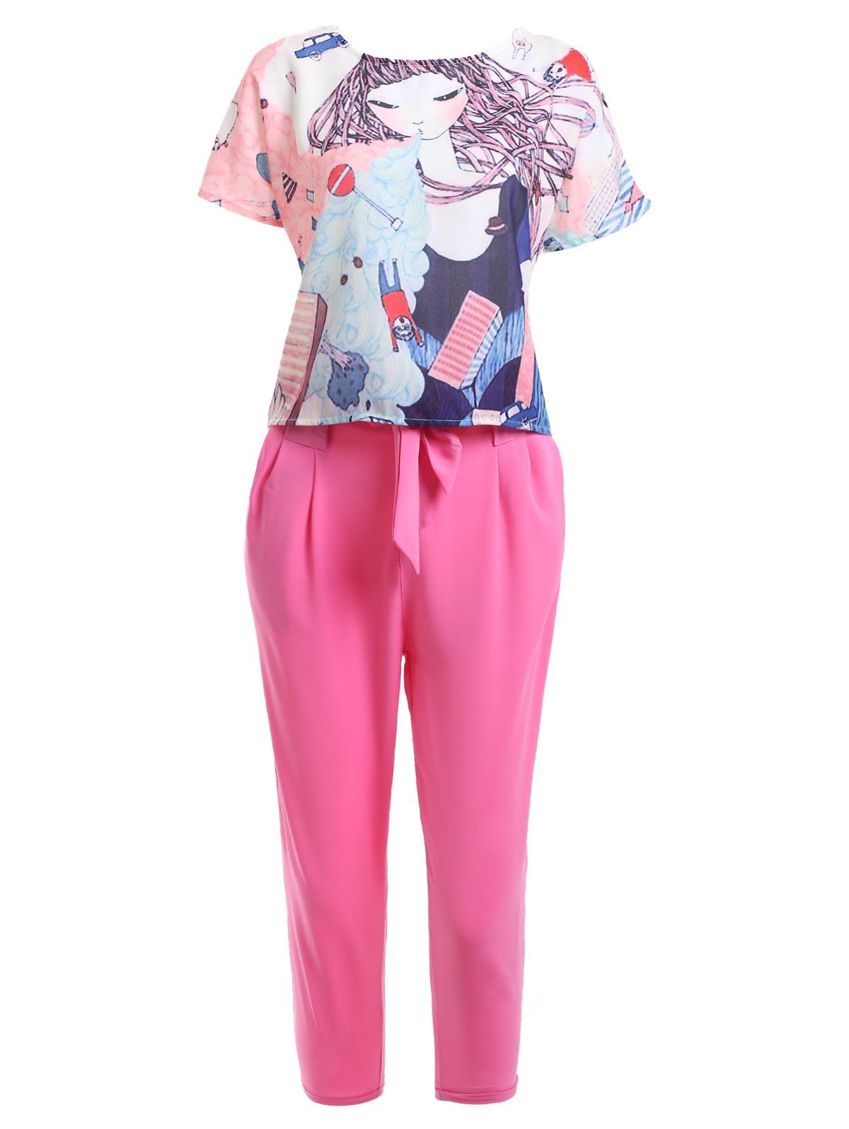 

Cute Cartoon Print T-Shirt + Pocket Design Solid Color Pants Women's Twinset, Pink