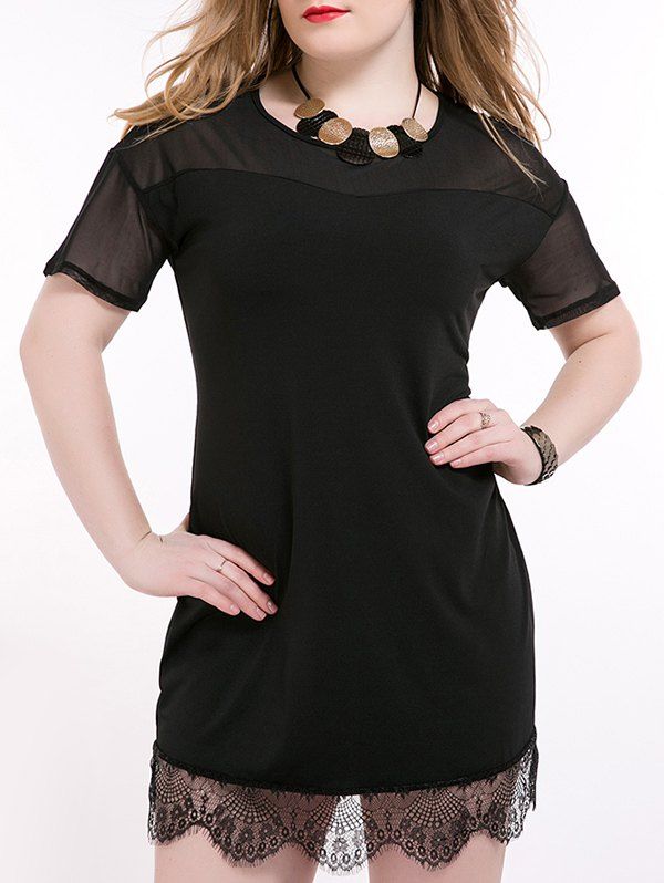 

Gauzy Trim Lace Panel Mini Dress, Black