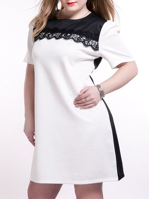

Plus Size Trendy Lace Splicing Shift Dress, White
