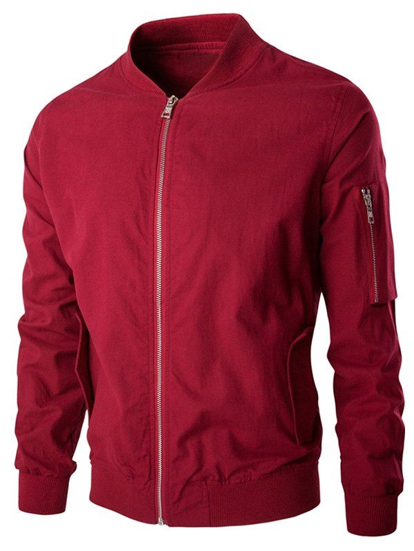 

Pocket Design Zip Up Stand Collar Long Sleeve Men's Jacket, Claret