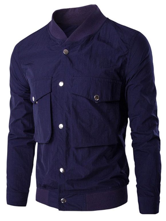 Cargo Pocket Snap Button Stand Collar Long Sleeve Men's Jacket - Bleu profond 2XL