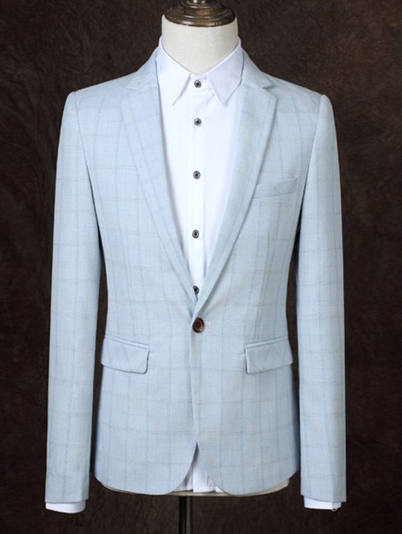 Lapel One Design Button Motif Vérifié Men 's  Business Suit - Bleu clair 3XL
