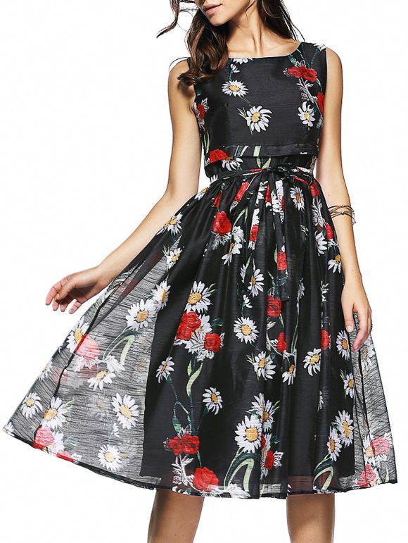 Floral Print Sleeveless Belt-Tie Women's Chiffon Dress - Noir XL
