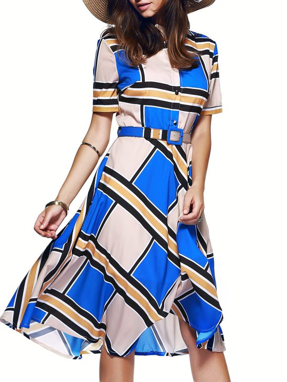 Color Block Tie Belt boutonné Dress - Bleu XL