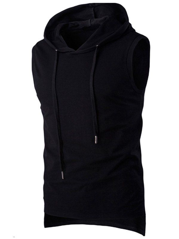 

High Low Slit Drawstring Men's Hooded Tank Top, Black