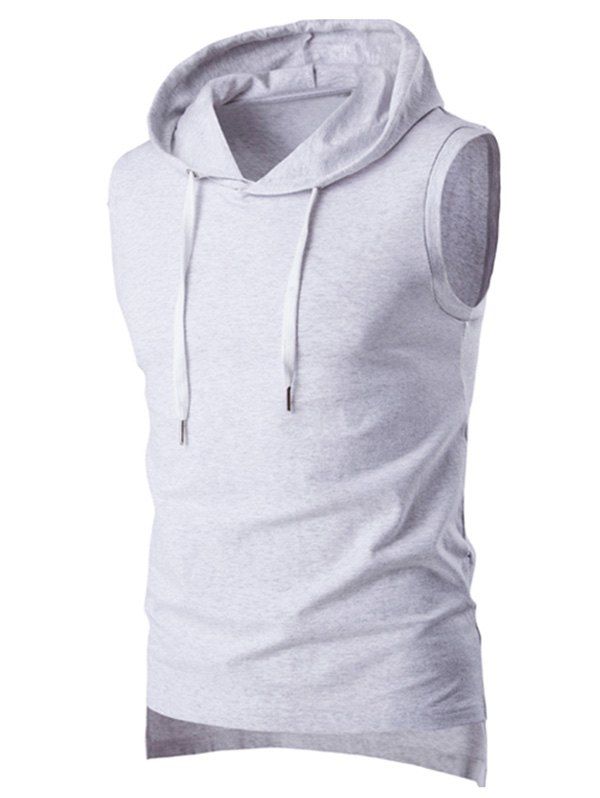 

High Low Slit Drawstring Men's Hooded Tank Top, Light gray