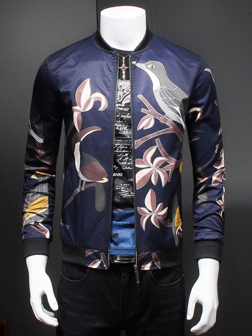 

Ribbed Collar Artistic Birds Print Long Sleeve Jacket, Blue