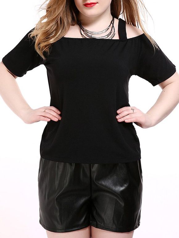 Surdimensionné Cold Shoulder Casual T-shirt noir - Noir 6XL