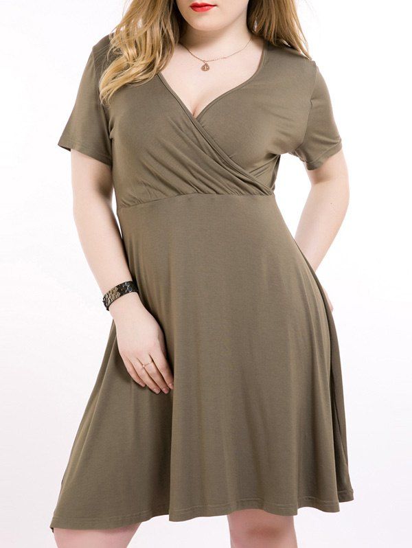 

High Waist Plus Size Surplice Dress, Army green