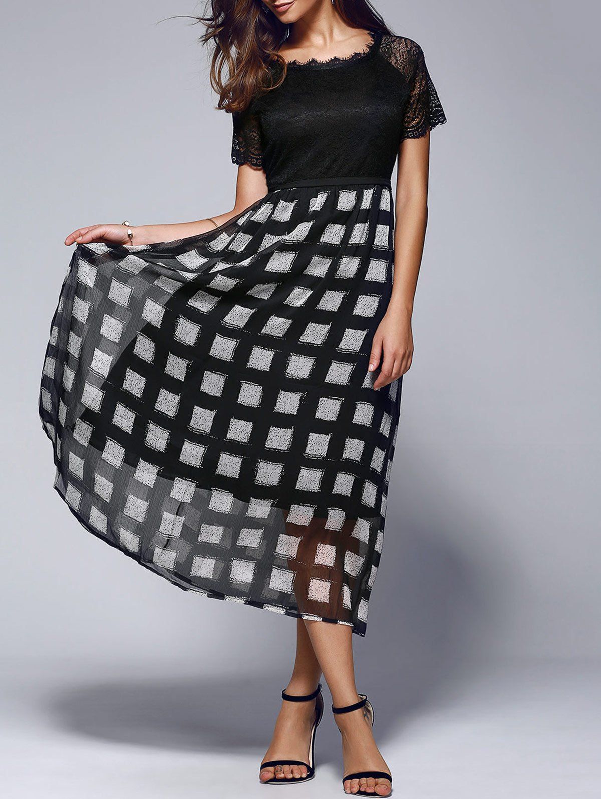 

Lace Splicing Plaid Maxi Dress, Black