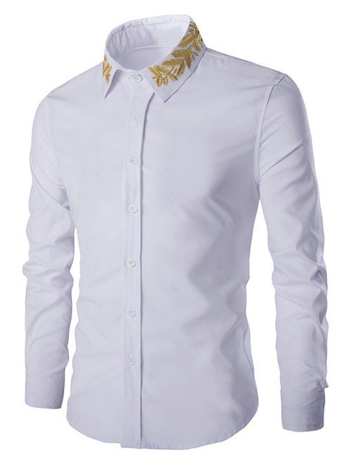 Col rabattu Olive Branch Broderie manches longues hommes  's Shirt - Blanc 2XL