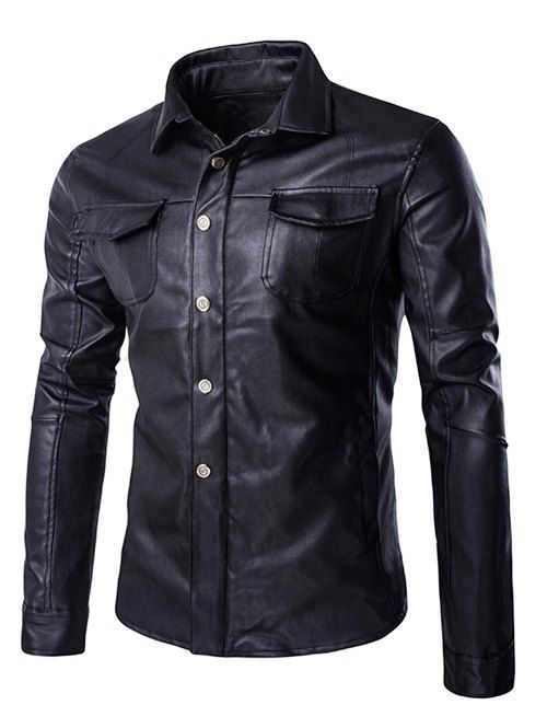 Unique poitrine col rabattu manches longues hommes d  'PU-Leather Jacket - Noir XL