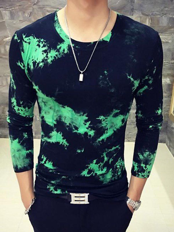 

Round Neck Long Sleeve 3D Splashed Ink Print Men's T-Shirt, Green