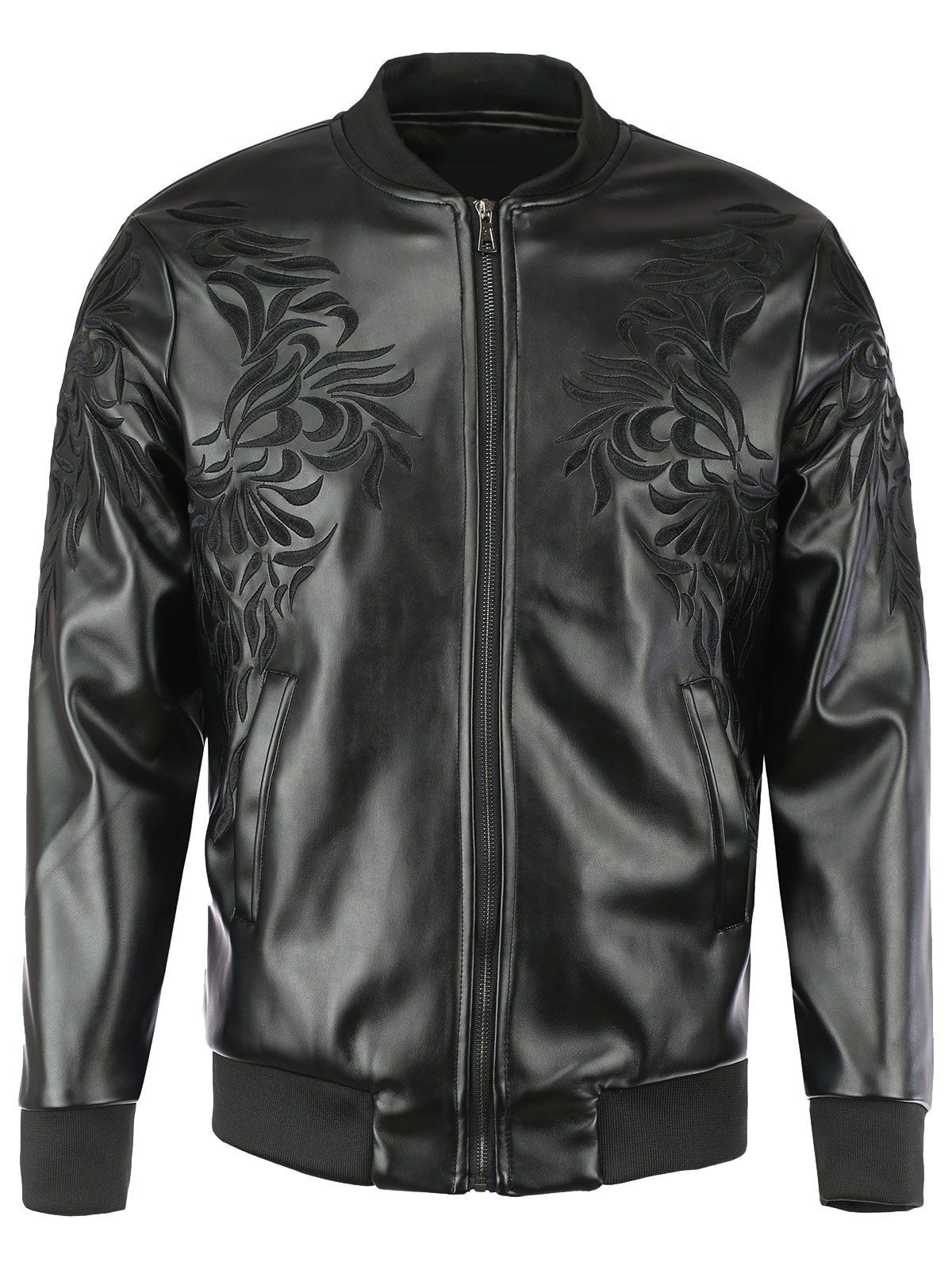 

Floral Embroidered Stand Collar Men's Faux Leather Jacket, Black