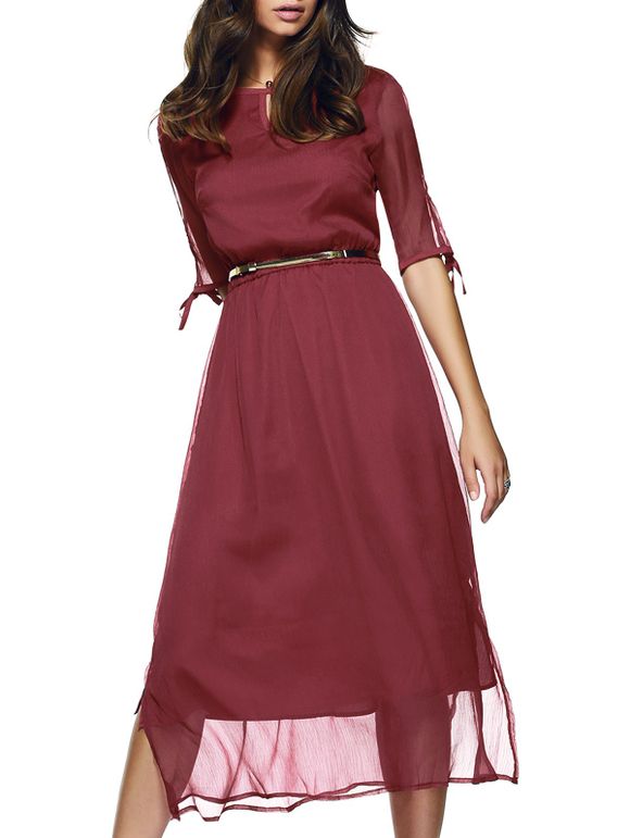 Manches fendues robe en mousseline de soie taille haute s 'Attractive Femmes - Rouge vineux XL