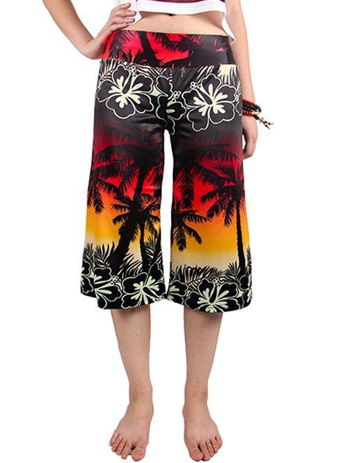 Pantalon large Femmes Chic taille élastique Coconut Tree Imprimer l  'Leg - multicolore M